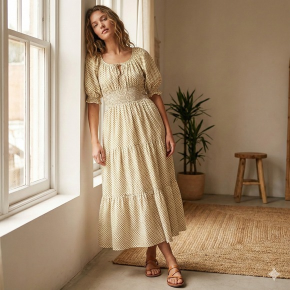 Anthropologie The Somerset Maxi Dress Womens‎ Small Tan White Dot Tiered Boho